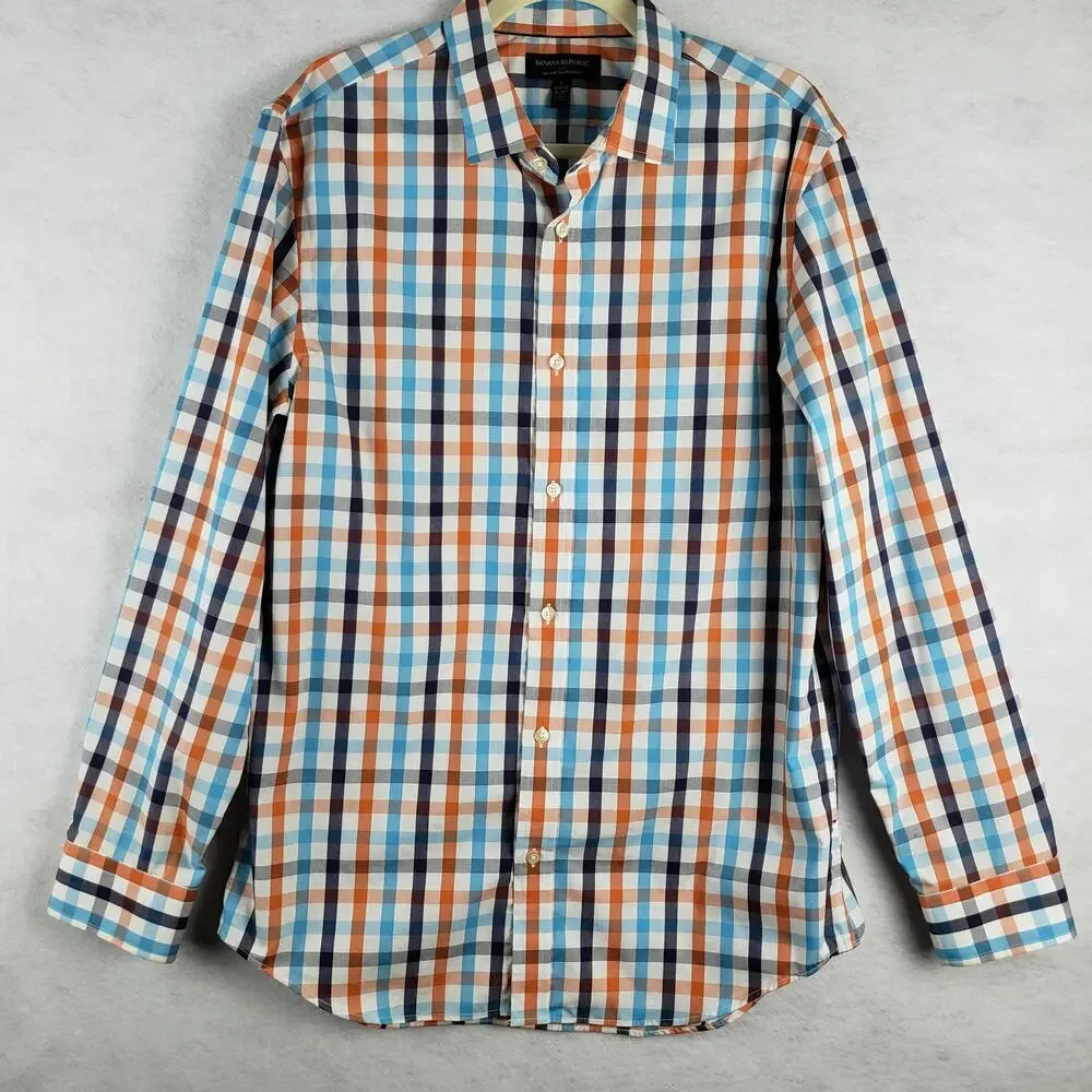 Banana Republic L Long‎ Sleeve Gingham Plaid Button Up Multicolor Tailored Slim